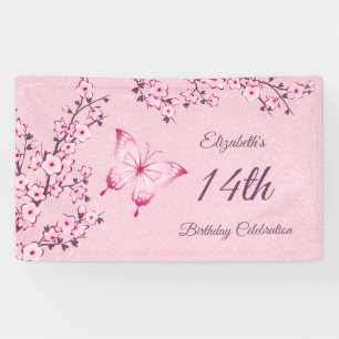 Butterfly Cherry Blossoms Pink Glitter  Banner