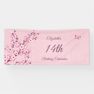 Butterfly Cherry Blossoms Pink Glitter Birthday Banner