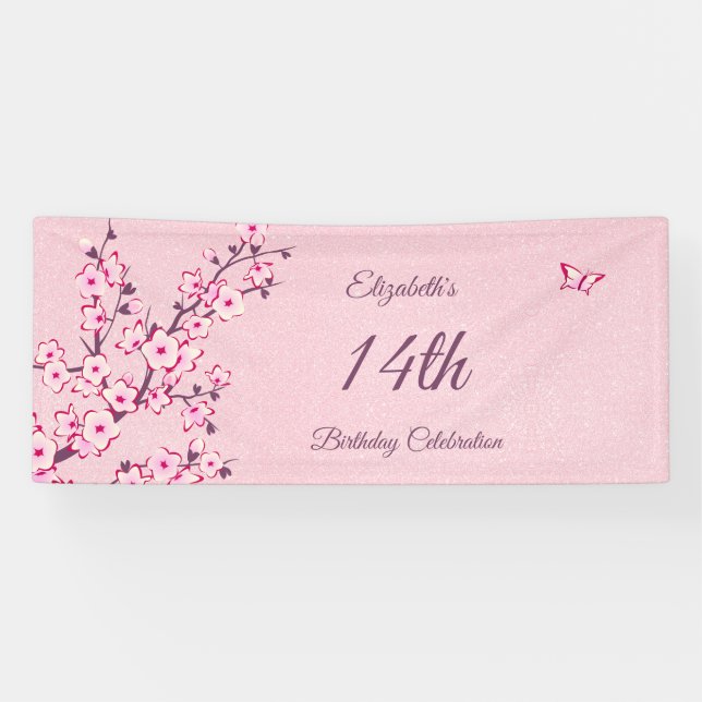 Butterfly Cherry Blossoms Pink Glitter Birthday Banner (Horizontal)