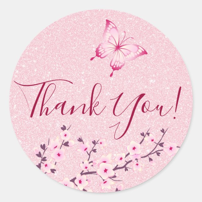 Butterfly Cherry Blossoms Pink Glitter Thank You Classic Round Sticker (Front)