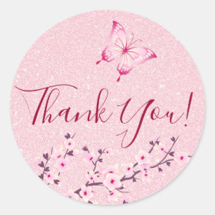 Butterfly Cherry Blossoms Pink Glitter Thank You Classic Round Sticker