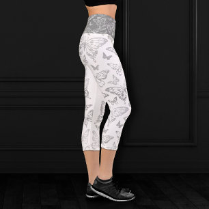 Butterfly Chic   Faux Metallic Silver Grey Pattern Capri Leggings
