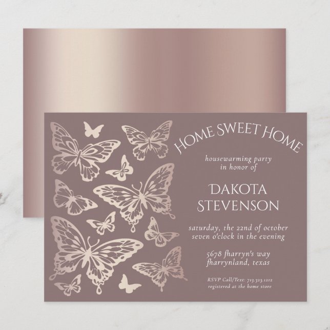 Butterfly Chic Housewarming | Copper Rose Gold Invitation (Front/Back)
