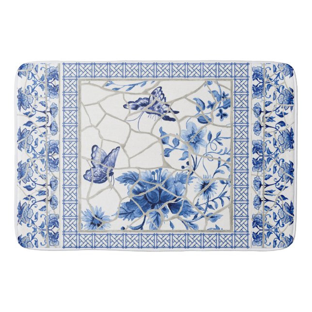 Butterfly Chinoiserie Chic Floral Leaf Blue White Bath Mat (Front)