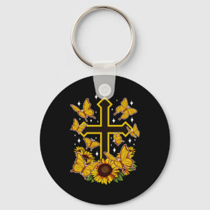 Butterfly Christian Cross Floral Sunflower Key Ring