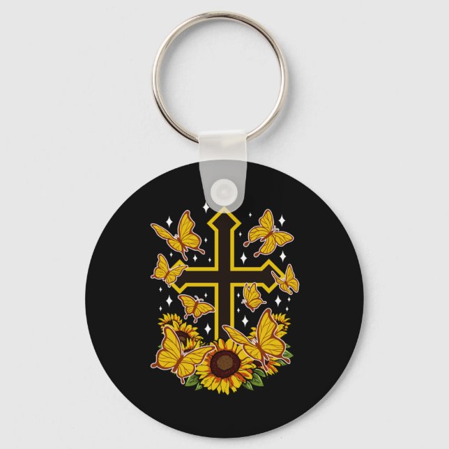 Butterfly Christian Cross Floral Sunflower Key Ring (Front)
