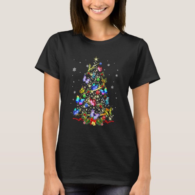 Butterfly Christmas Tree Lights Pyjamas Xmas Butte T-Shirt (Front)