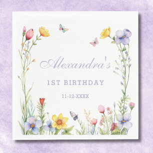 Butterfly Colourful Wildflower 1st Birthday Party Napkin