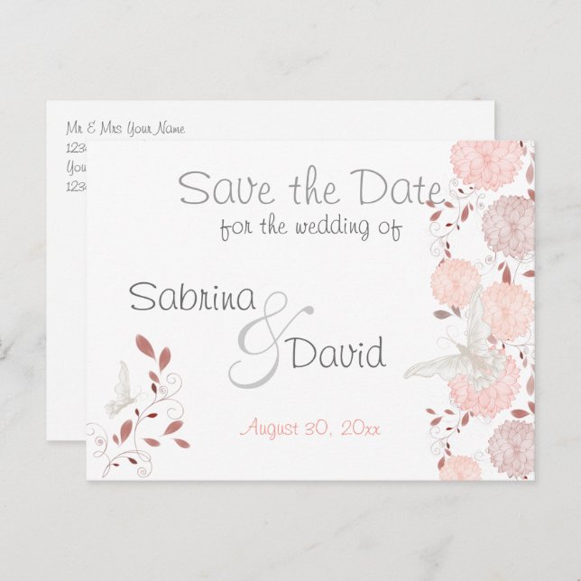 Butterfly Coral Chrysanthemum Save the Date Announcement Postcard (Front/Back)