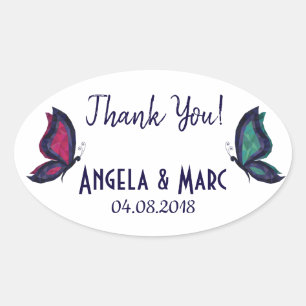 Butterfly couple wedding thank you name date oval sticker