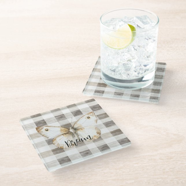 Butterfly Cream Plaid Stripes Glass Coaster (Angled)