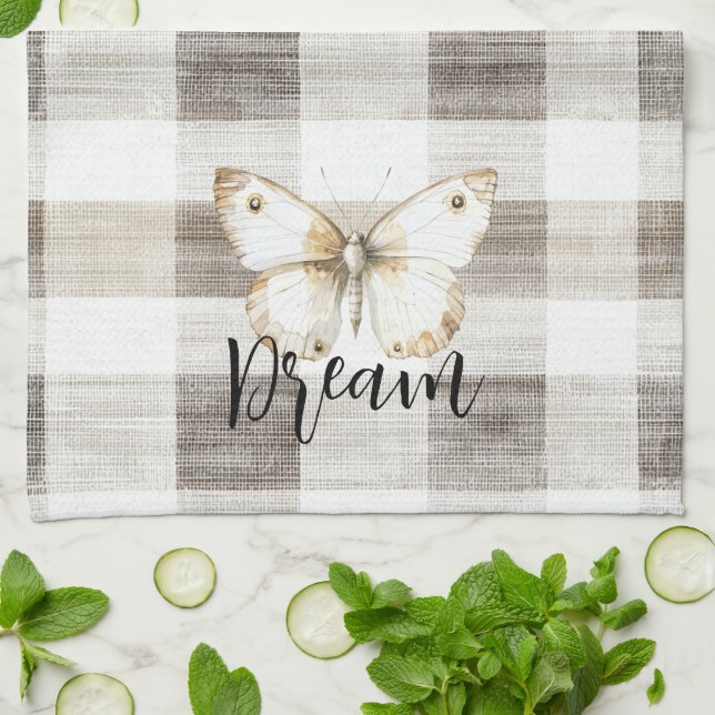 Butterfly Cream Plaid Stripes Tea Towel (Folded)