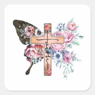 Butterfly Cross Faith floral Square Sticker