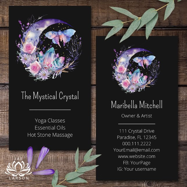 Butterfly Crystals Crescent Moon Flowers Purple Business Card (Creator Uploaded)