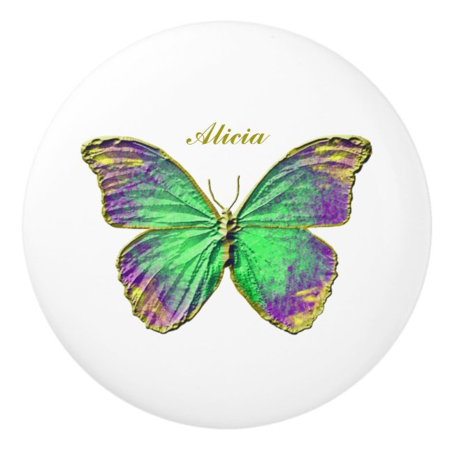Butterfly Custom Name Emerald Purple Ceramic Knob (Front)
