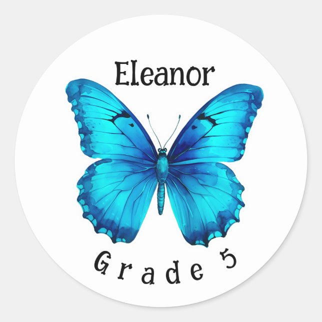 Butterfly Custom Name Grade School Sticker Label (Front)