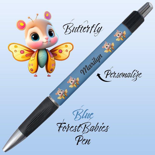 Butterfly, Cute Whimsical Girl Character, Blue 🦋 (Cute Whimsical Confident Girl Butterfly Cartoon Graphic, Blue Personalizable ForestBabies Pen 🦋)