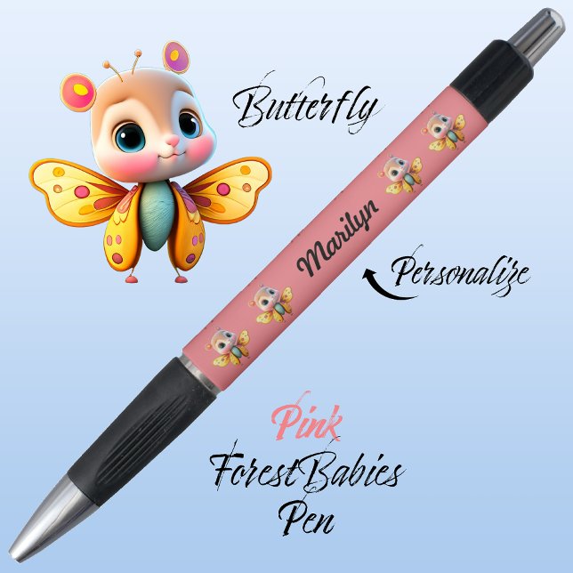 Butterfly, Cute Whimsical Girl Character, Pink 🦋 (Cute Whimsical Confident Girl Butterfly Cartoon Graphic, Pink Personalizable ForestBabies Pen 🦋)