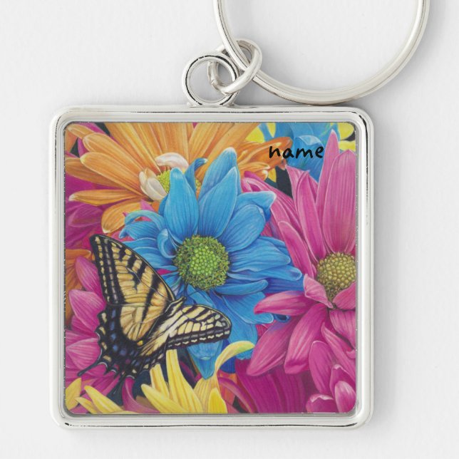 Butterfly Daisies Coloured Pencil Art Print Key Ring (Front)