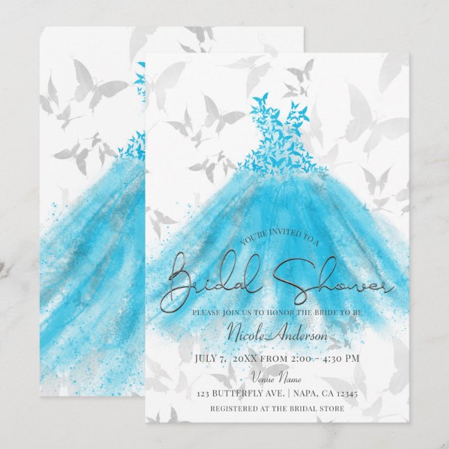 Butterfly Dance Aqua Blue Dress Bridal Shower Invitation (Front/Back)