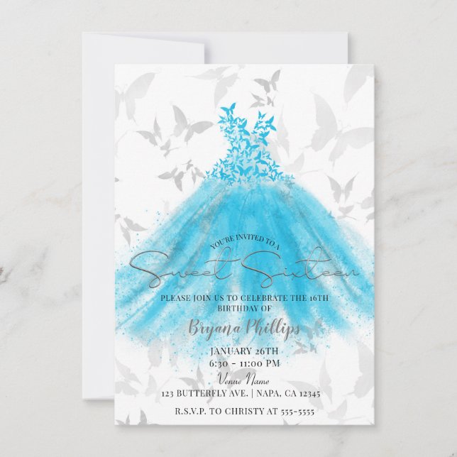 Butterfly Dance Aqua Blue Dress Sweet 16 Party Invitation (Front)