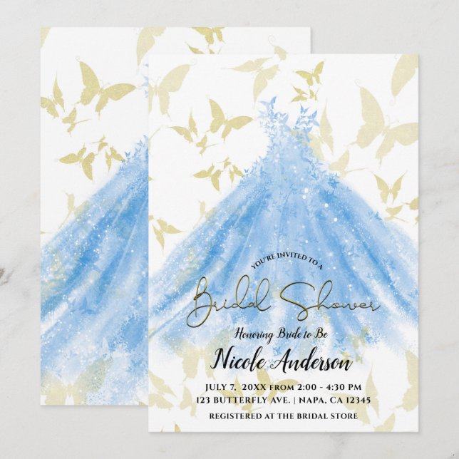 Butterfly Dance Blue Dress Gold Bridal Shower Invi Invitation (Front/Back)
