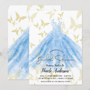 Butterfly Dance Blue Dress Gold Bridal Shower Invi Invitation