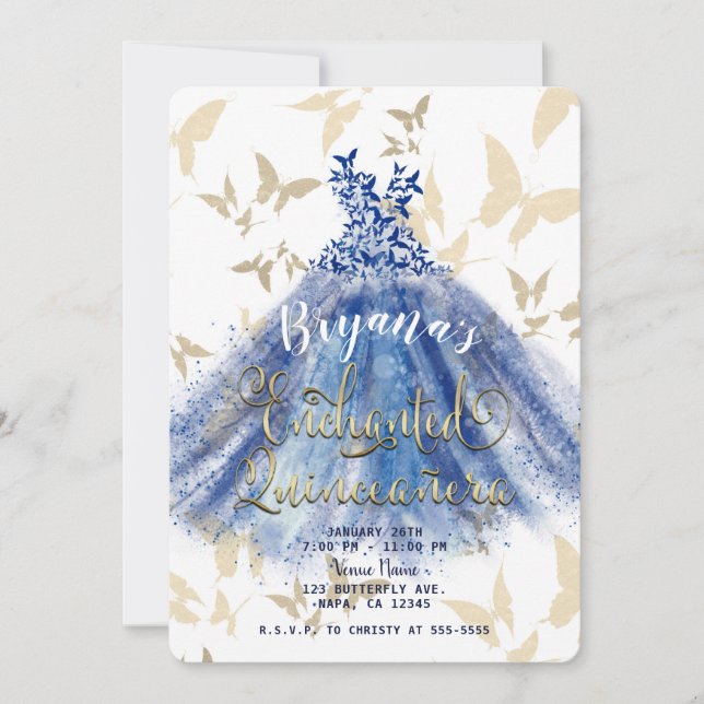 Butterfly Dance Blue Dress & Gold Quinceañera 15   Invitation (Front)