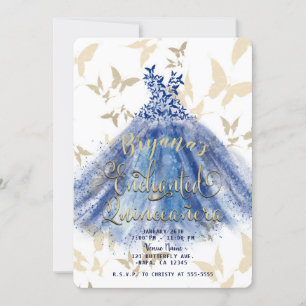 Butterfly Dance Blue Dress & Gold Quinceañera 15 Invitation