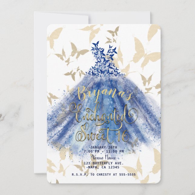 Butterfly Dance Blue Dress & Gold Sweet 16  Invitation (Front)