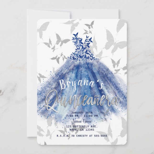 Butterfly Dance Blue Dress Silver Quinceañera 15 Invitation (Front)