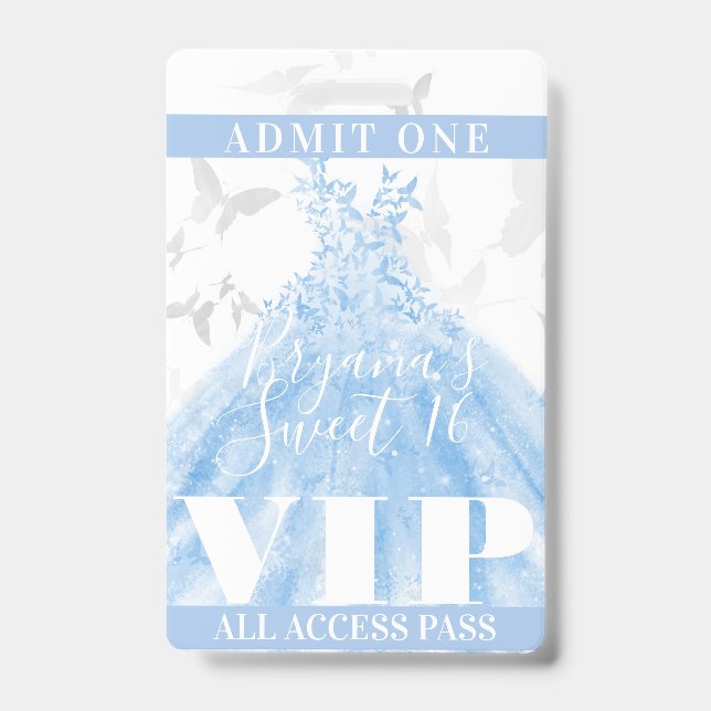 Butterfly Dance Blue Silver Sweet 16 VIP Pass ID Badge (Front)