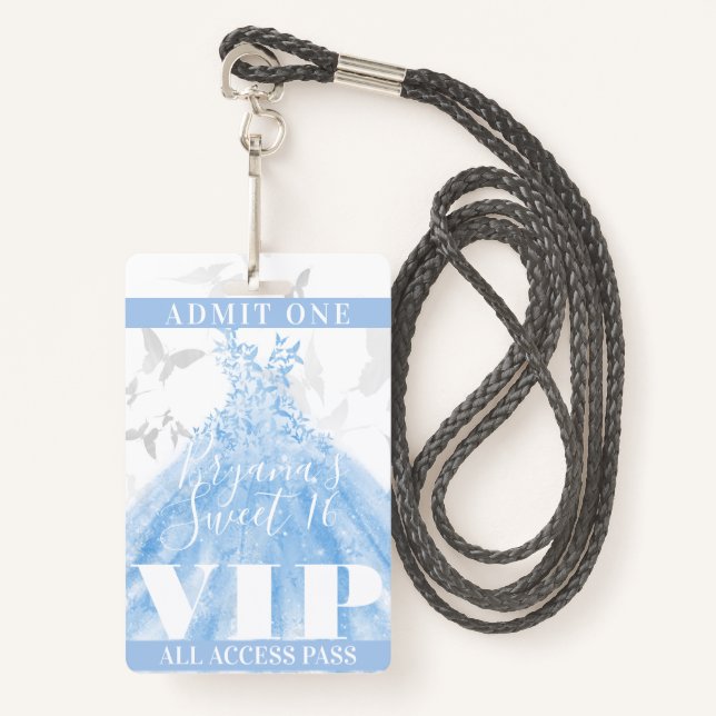 Butterfly Dance Blue Silver Sweet 16 VIP Pass ID Badge (Front with Lanyard)