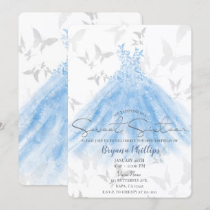 Butterfly Dance Blue Sparkle Dress Sweet 16 Party Invitation