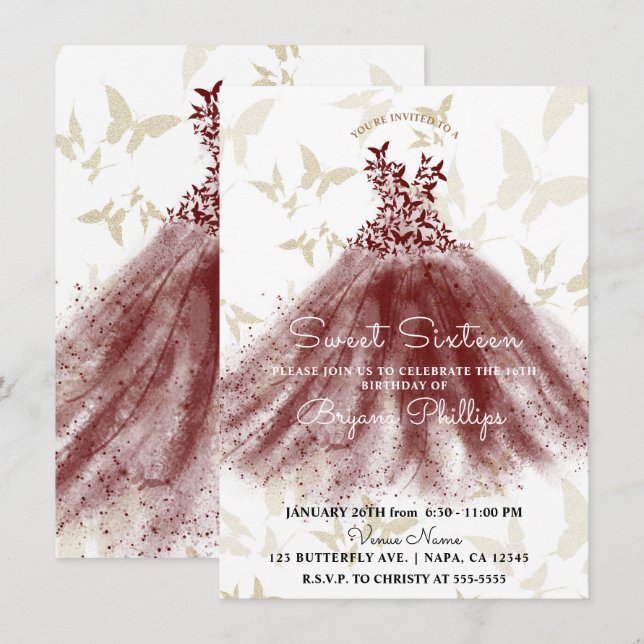 Butterfly Dance Burgundy Gold Dress Sweet 16 Party Invitation (Front/Back)