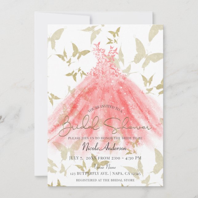 Butterfly Dance Coral Dress Gold Bridal Shower Invitation (Front)