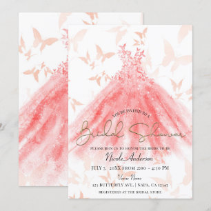Butterfly Dance Coral Dress Gold Bridal Shower Invitation