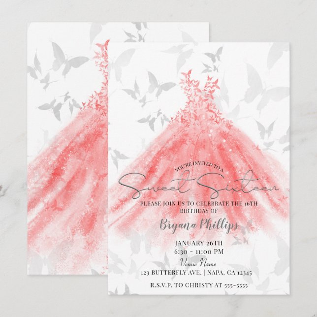 Butterfly Dance Coral Orange Dress Sweet 16 Party Invitation (Front/Back)