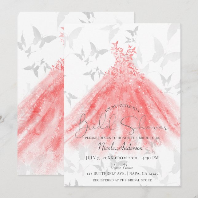 Butterfly Dance Coral Sparkle Dress Bridal Shower Invitation (Front/Back)