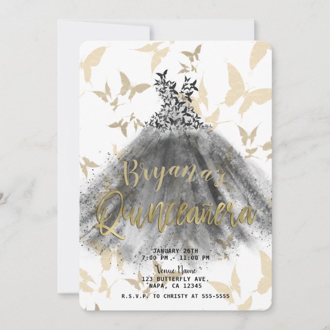Butterfly Dance Dress Black & Gold Quinceañera 15 Invitation (Front)