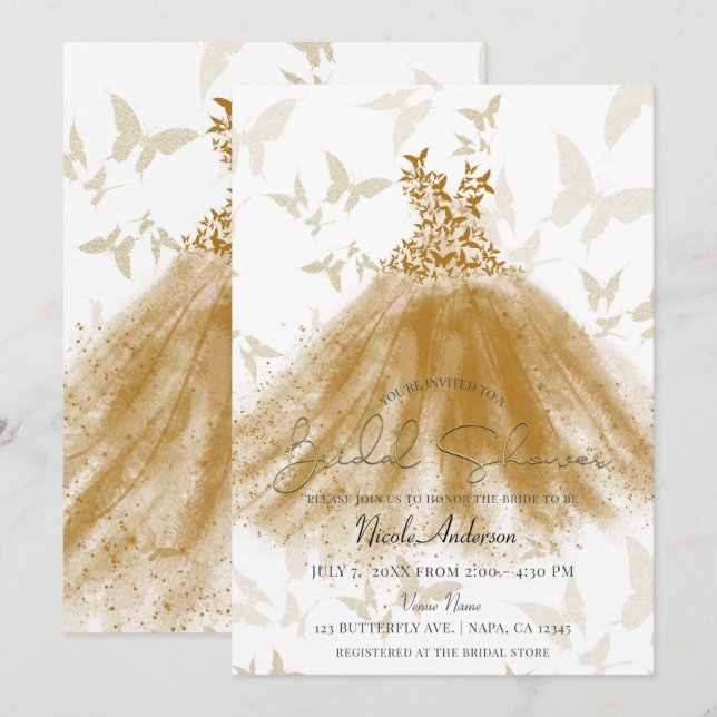Butterfly Dance Gold Sparkle Dress Bridal Shower Invitation (Front/Back)