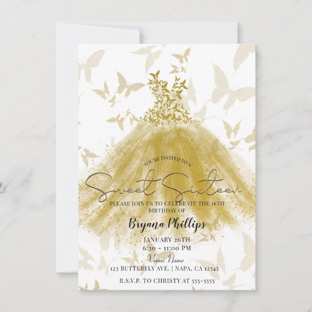 Butterfly Dance Gold Sparkle Dress Sweet 16 Party Invitation (Front)