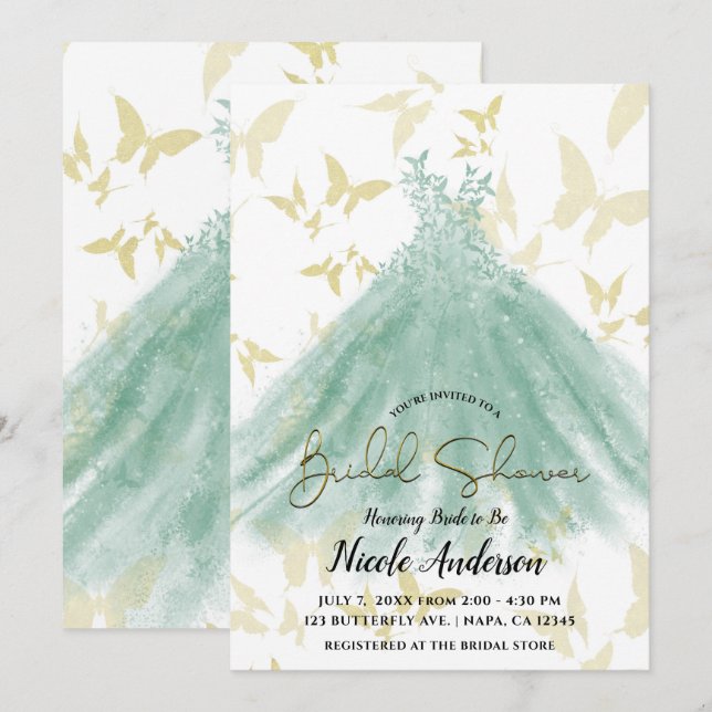 Butterfly Dance Green Dress Gold Bridal Shower  Invitation (Front/Back)