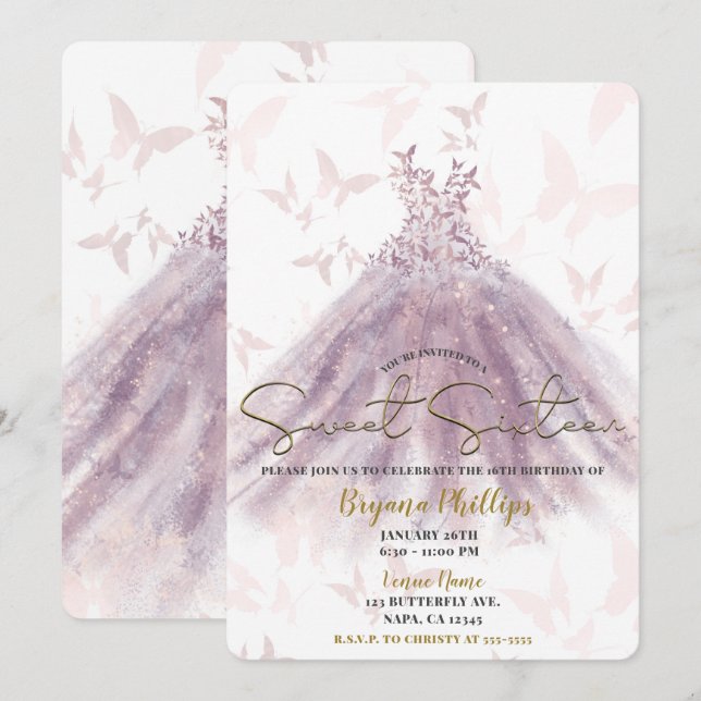 Butterfly Dance Mauve Sparkle Dress Gold Sweet 16  Invitation (Front/Back)