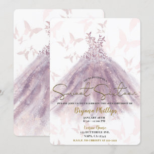 Butterfly Dance Mauve Sparkle Dress Gold Sweet 16 Invitation