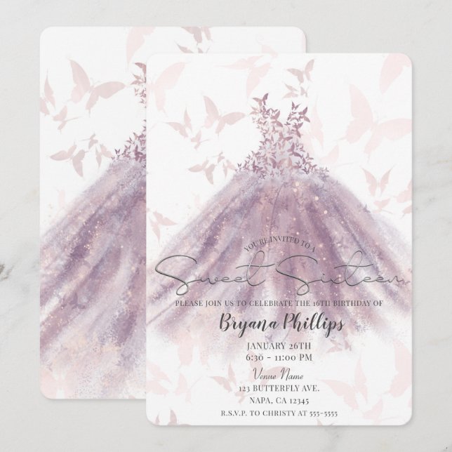 Butterfly Dance Mauve Sparkle Dress Sweet 16 Party Invitation (Front/Back)