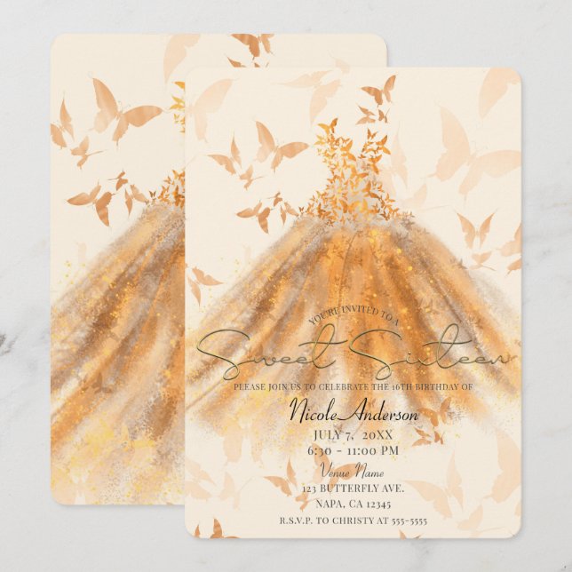 Butterfly Dance Orange Sparkle Dress Sweet 16 Invitation (Front/Back)