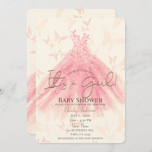 Butterfly Dance Peach Sparkle Dress Baby Shower Invitation (Front/Back)
