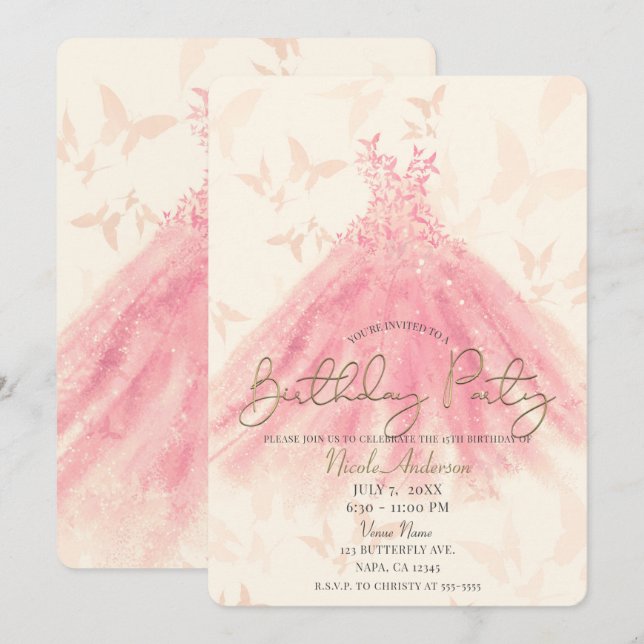 Butterfly Dance Peach Sparkle Dress Birthday Party Invitation (Front/Back)