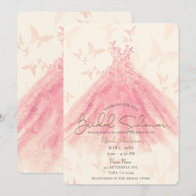 Butterfly Dance Peach Sparkle Dress Bridal Shower Invitation (Front/Back)